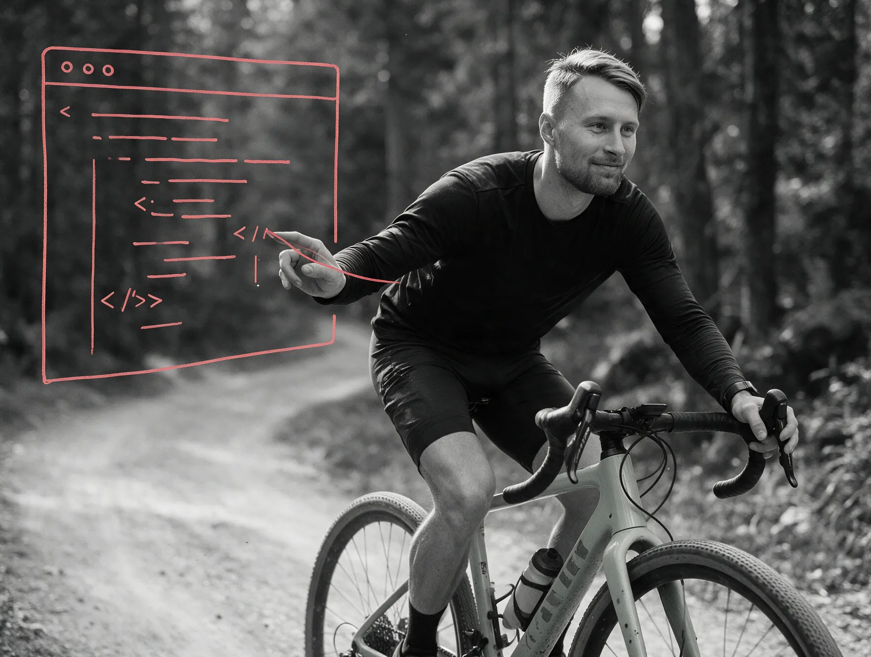 Ilustrace: Aleš Růžička jede na gravel kole lesní cestou a prstem kreslí do vzduchu okno s kódem.