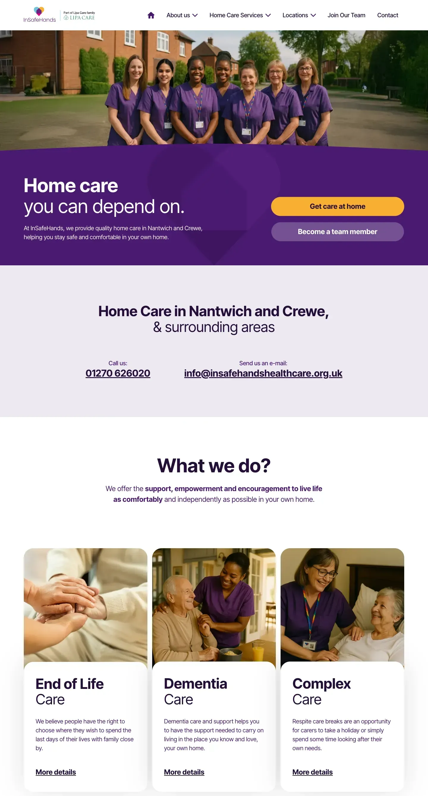 Web InSafeHands Homecare: celá stránka