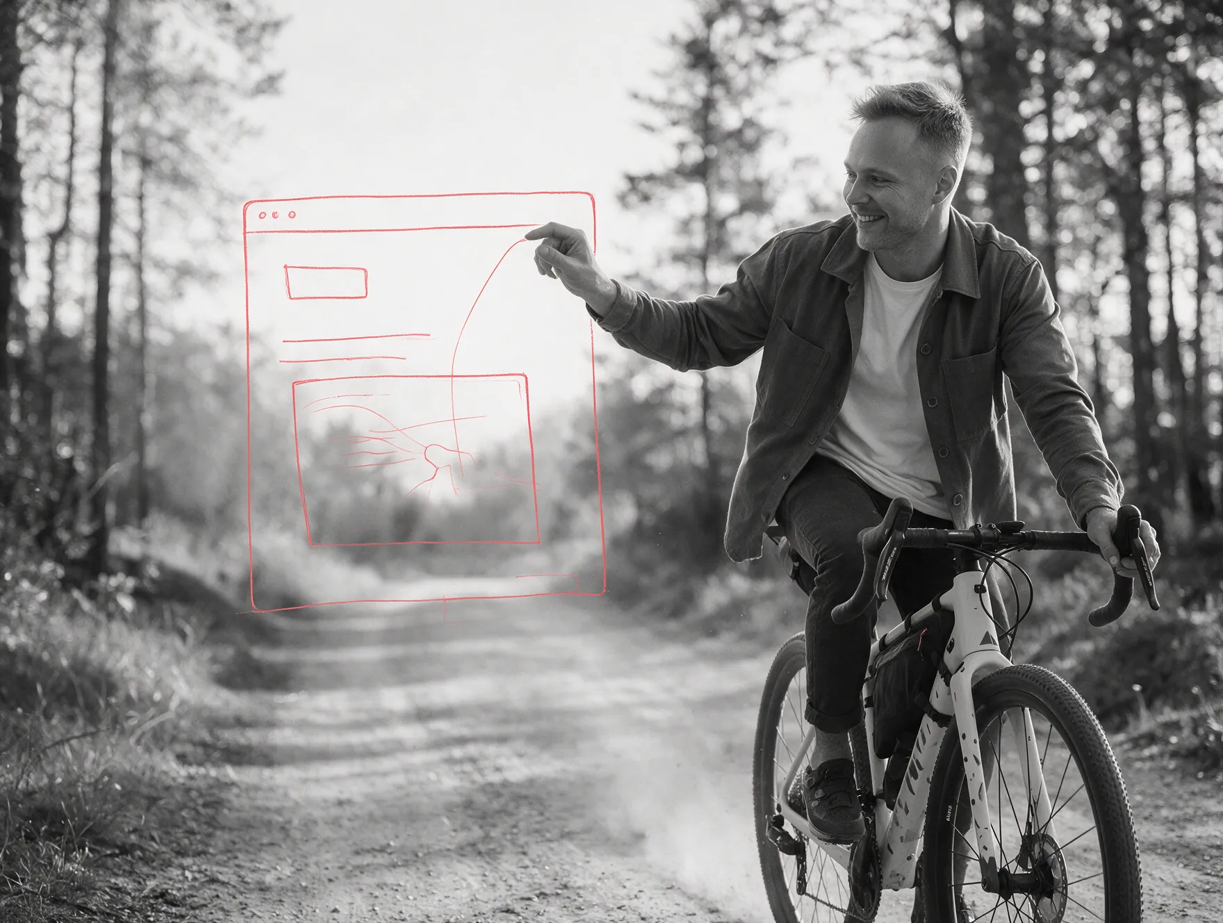 Ilustrace: Tomáš Holeňa jede na gravel kole po šotolině a prstem kreslí do vzduchu náčrt webu.